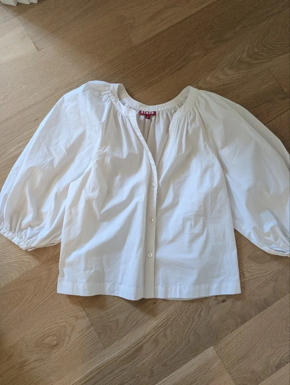 STAUD White V-Neck Button Poplin Blouse with Puff Sleeves